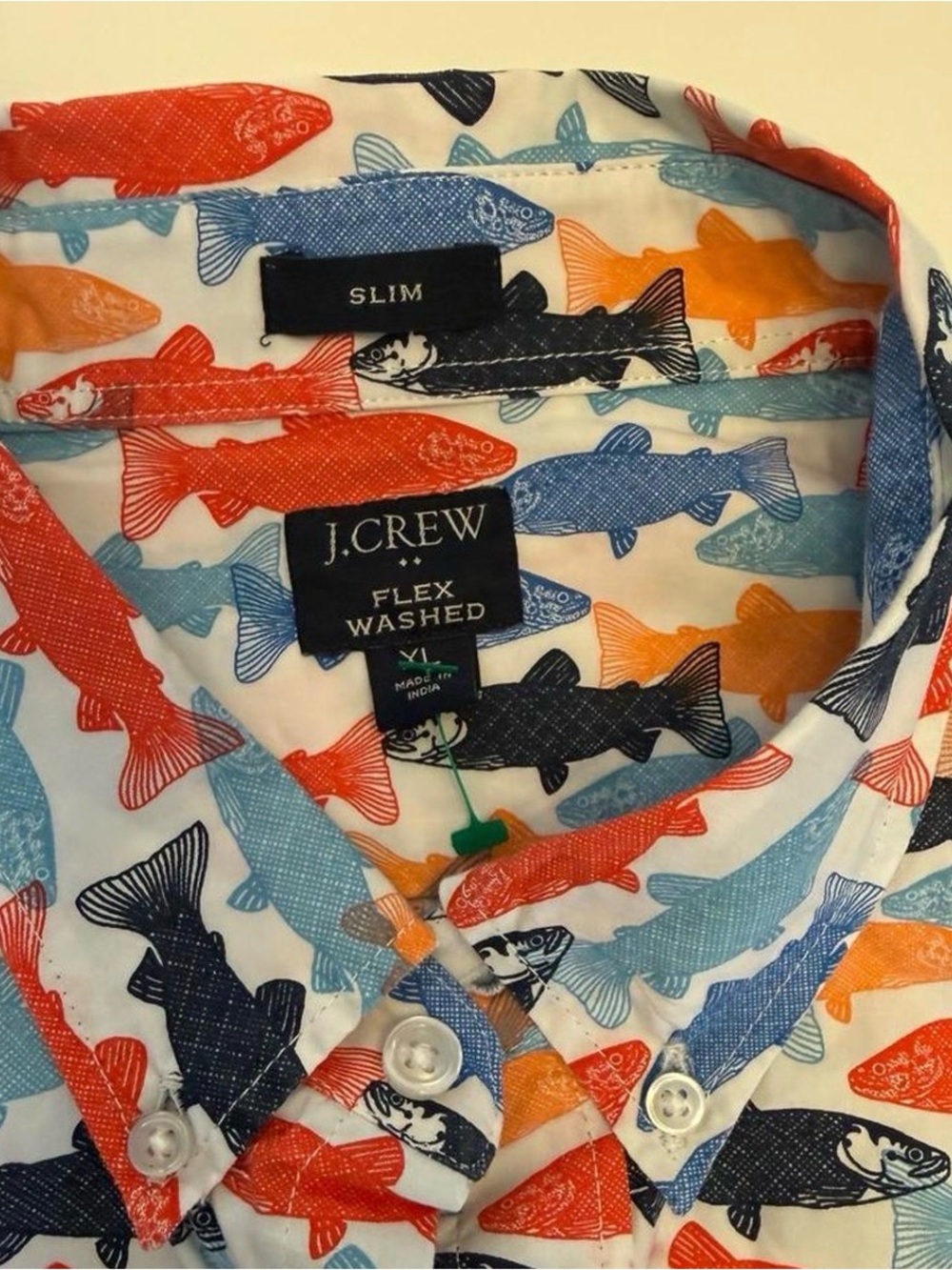 J. Crew Men's Cotton Fish-Print Button-Down Shirt in Blue, Red, Orange, Navy - Picture 3 of 5